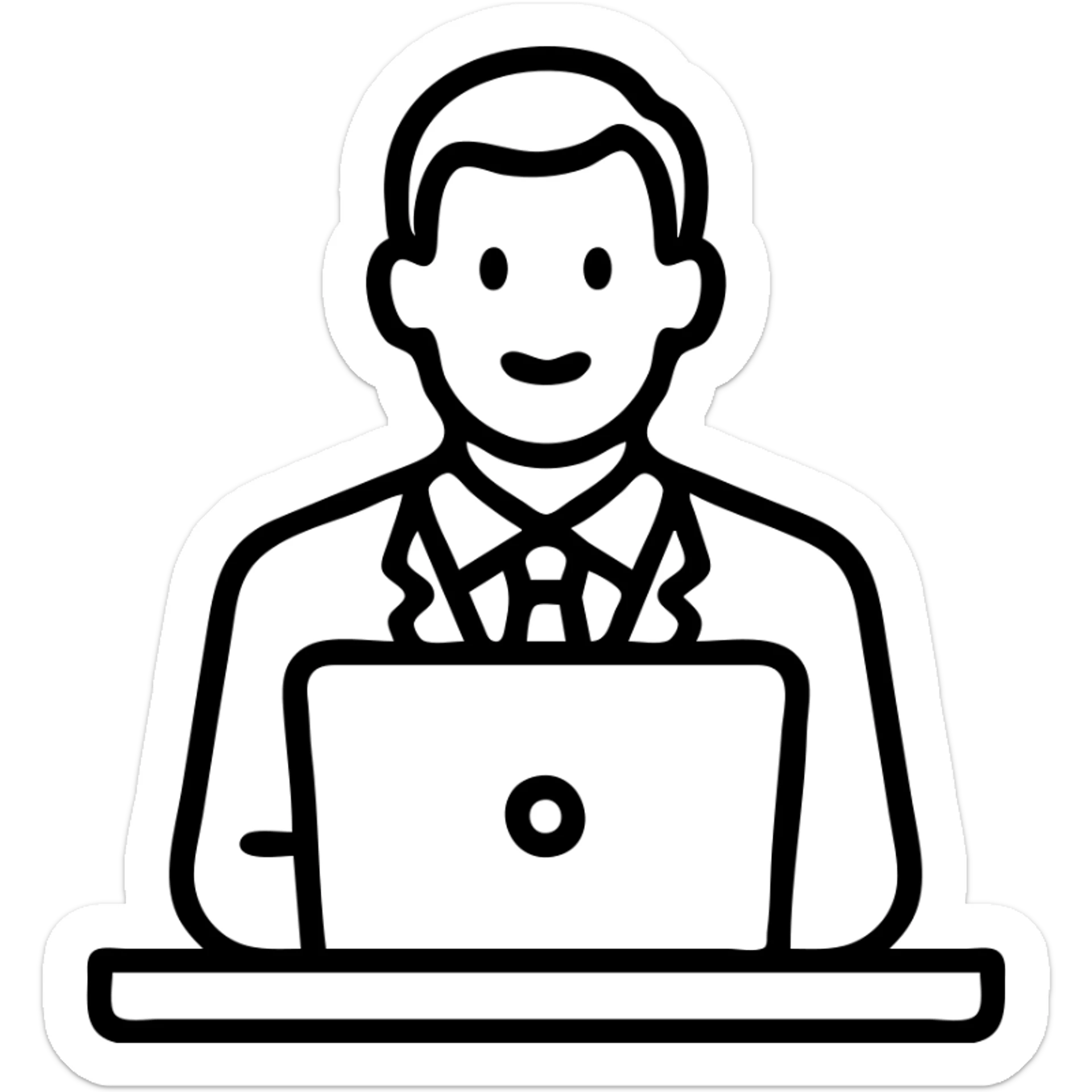 A 35-year-old male business coach sitting at a desk with a laptop sticker