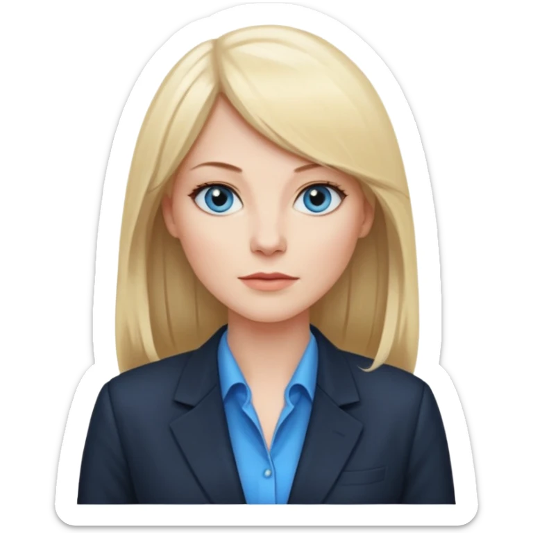 40 yr old white woman, pale skin, long straight blond hair parted in center, blue eyes, bangs, dress clothes for work sticker