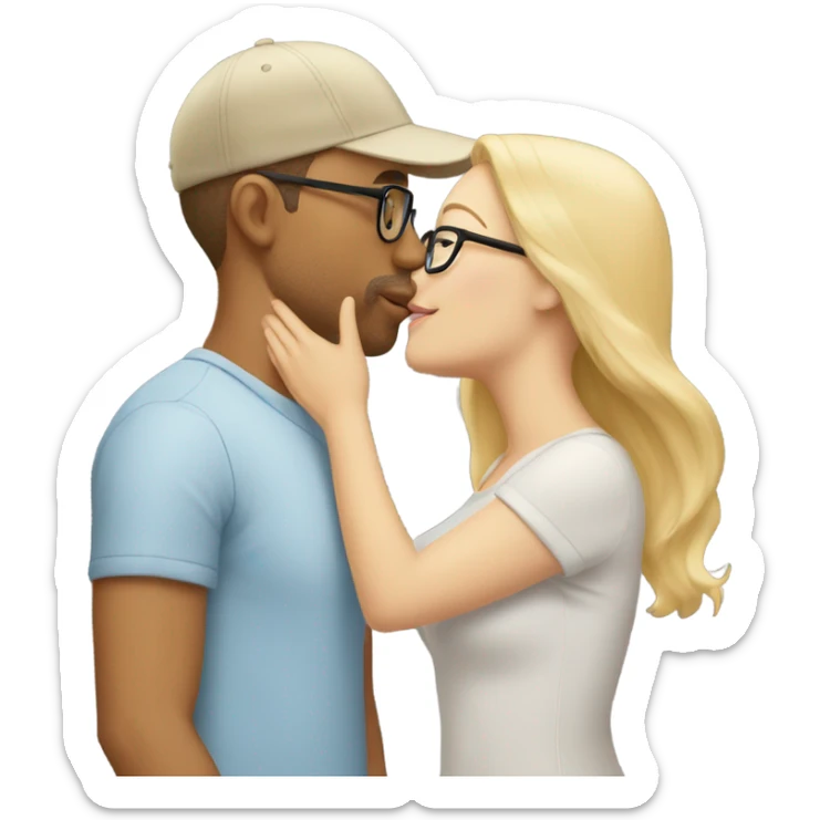 blonde woman with glasses and men with light skin and cap kissing sticker