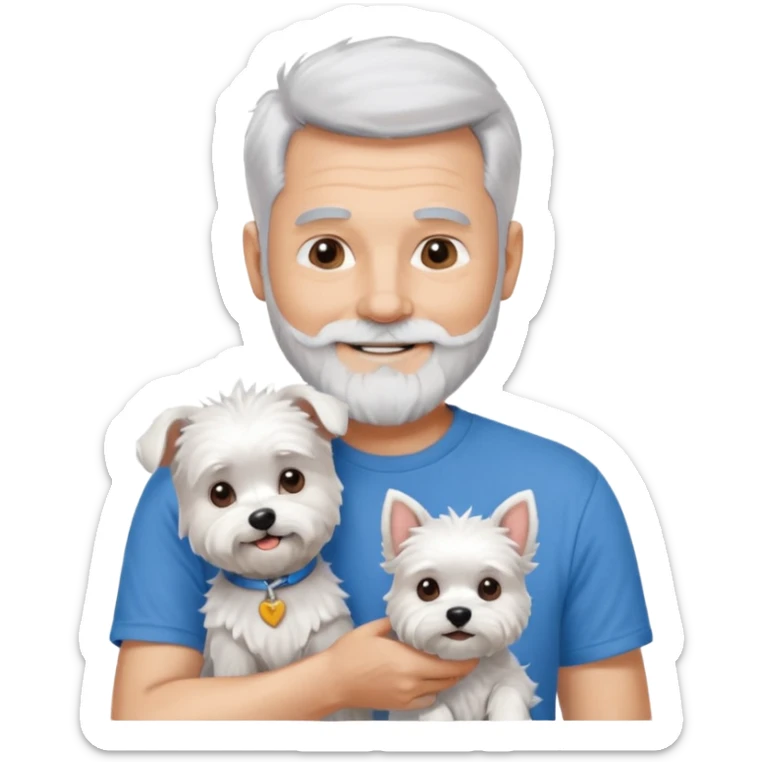 handsome gentleman, 60 years old, spiky crew cut silver hair, full beard, wearing a blue t-shirt, smiling and holding a maltese dog sticker
