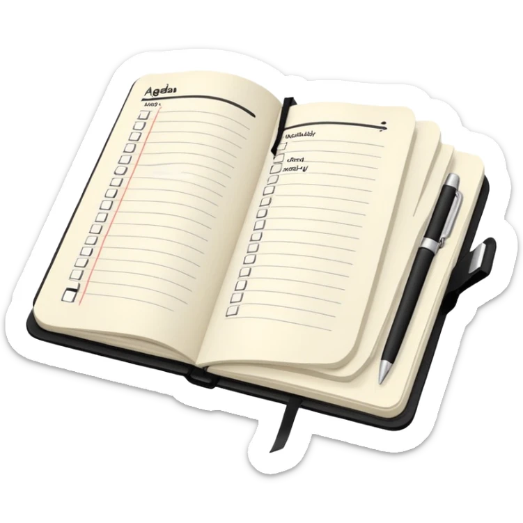 An open black Moleskine notebook with 'AGENDA' written in bold at the top of the page and meeting items with bullet points clearly visible below sticker