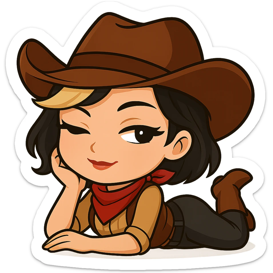 Sexy chibi cowgirl with short hair and a blonde streak, wearing a cowboy hat and western outfit, no guns. Chibi/anime style, transparent background, sized for Twitch or Discord use. Pose: lying on her side, head propped on hand, sultry smile. sticker