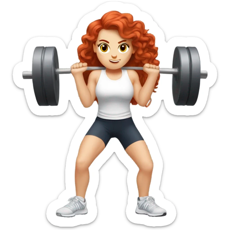 Sporty white Girl coach with long curly red hair doing squat with heavy weights sticker