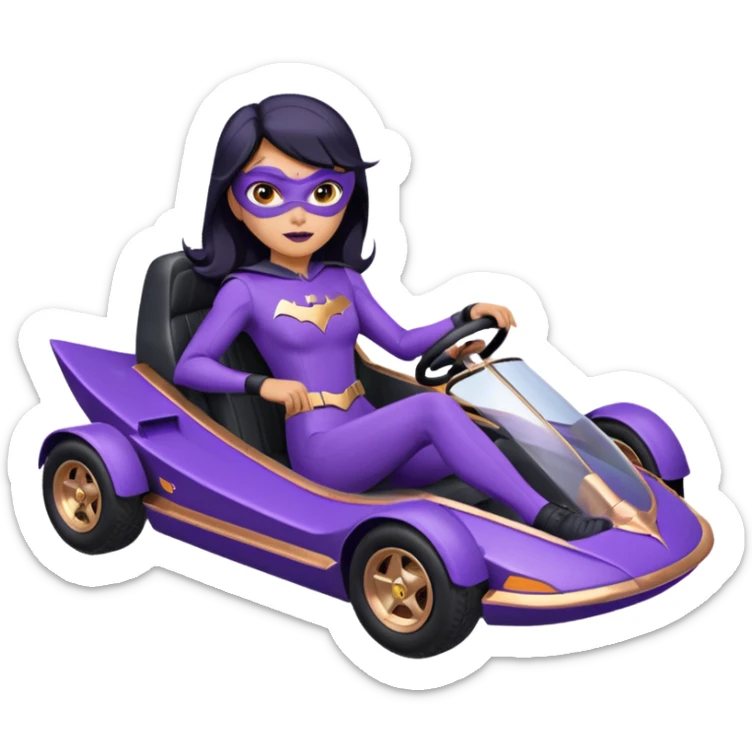 Hot full size real-appearance racing action BatGirl’s Lego feminine midnight-purple tight outfit sixty’s tv show 1992 stealthy retro sporty petite off-road pursuit hovering hover cruiser car rose gold accents (black hair,reclined and relaxed seating position) go kart sticker