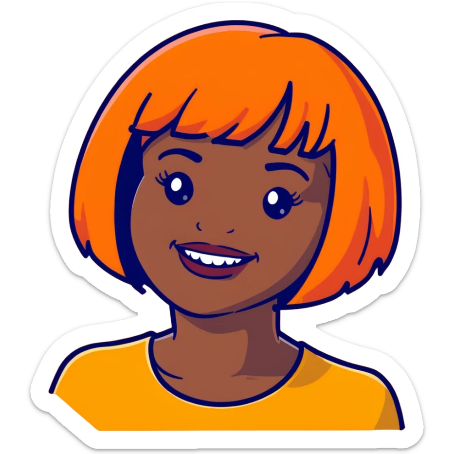 dark skinned Black woman with orange bob wig like Chucky's hair, visible plaque on her teeth sticker