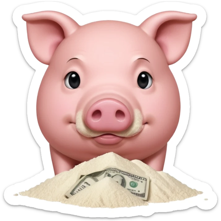 A pig with a dollar bill held to his nose looking down at a small pile of flour  sticker