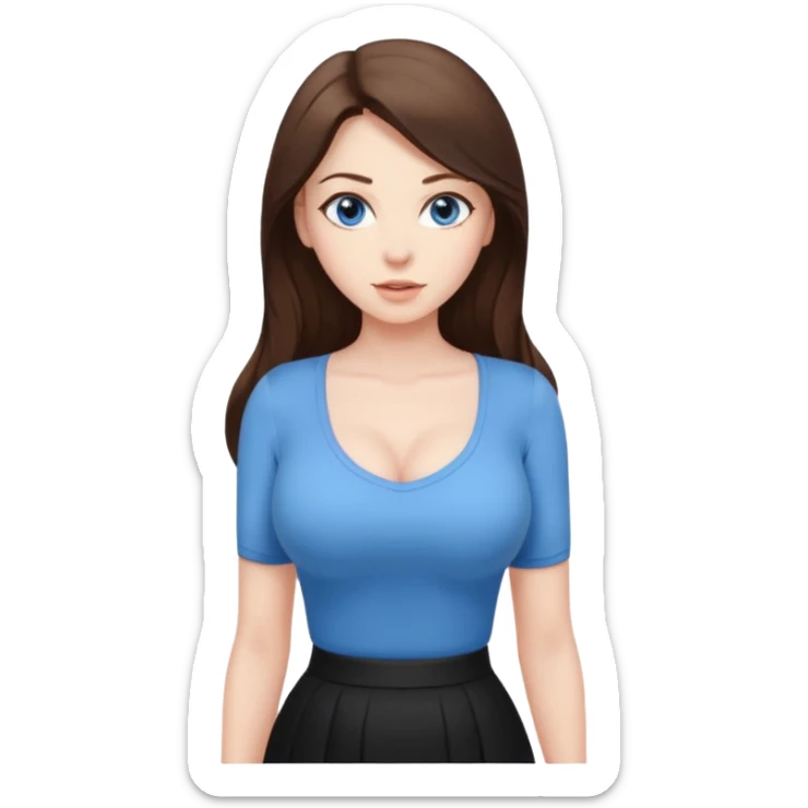 sexy woman brunette, very large breasts, pale skin, blue eyes, long brown hair, tight white blouse, short black skirt. office.  sticker