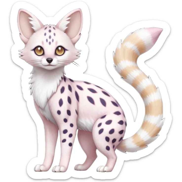 White Albino pastel whitish grey-spotted Serval-Civet-Genet-Trico-Furret-Linoone-Noibat-Espeon-Fakémon-Pokémon-animal-hybrid-fusion-creature (full body) with vibrant glowing eyes, cute, elegant, soft, realistic, pastel fur sticker