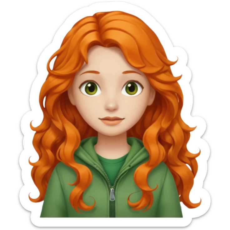 orange wavy long hair girl with wearing green cottage core clothes sticker