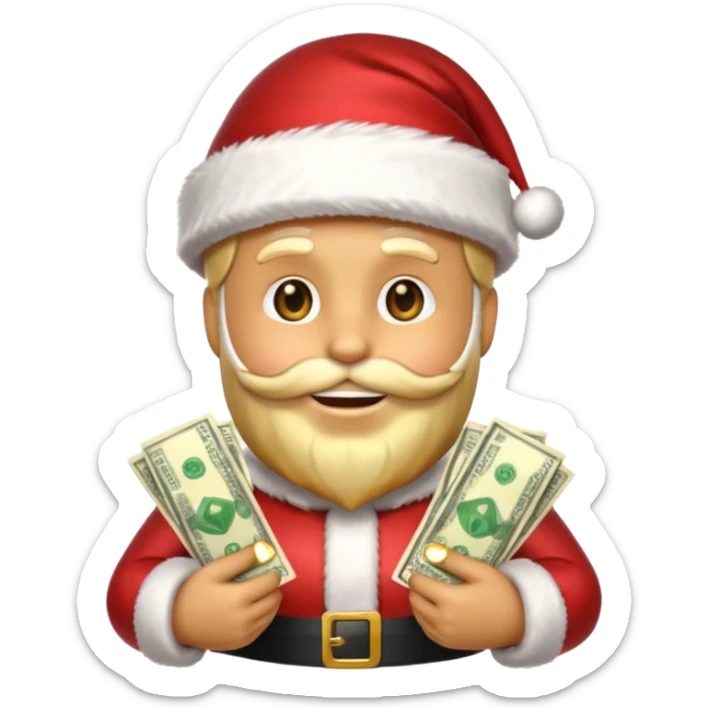 A confident rich emoji face wearing a Santa hat, money stacks, casino vibe, New Year theme, premium 3D emoji style, sharp details, no text, isolated on transparent background sticker