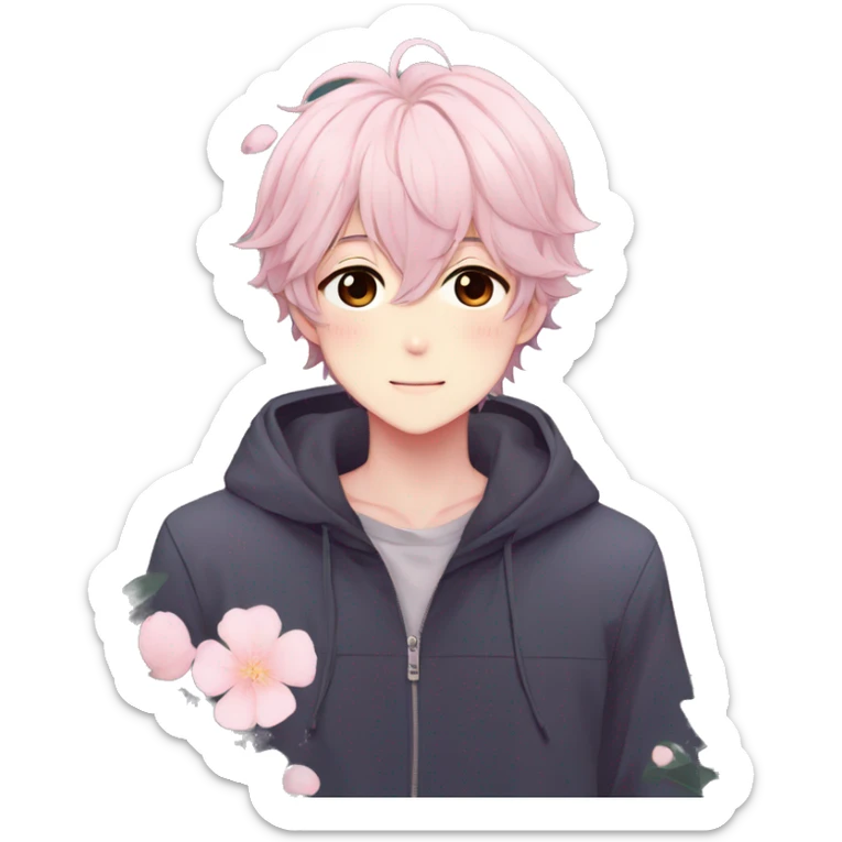Gorgeous pastel anime style shojo guy with blushing face and flowers aesthetic trending style outside sticker