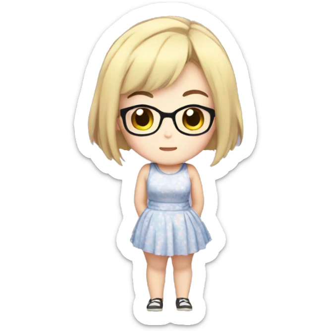 Chubby anime girl with glasses and short blond hair, full body wearing cute dress sticker
