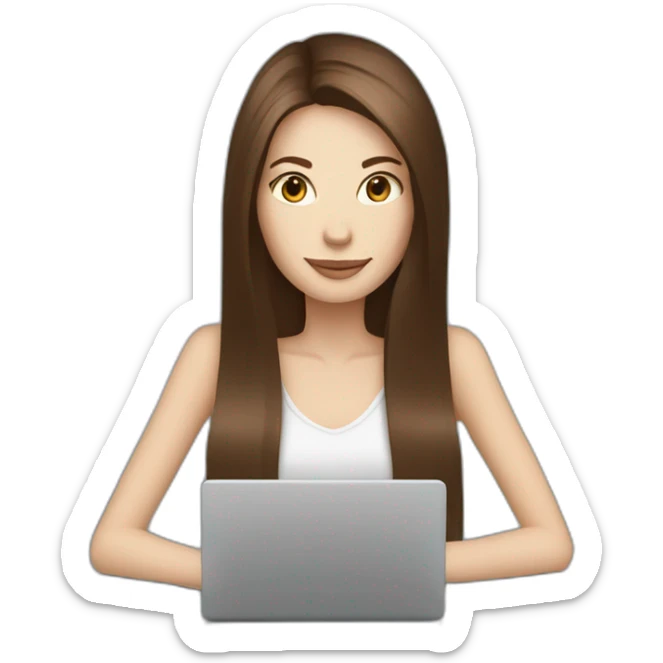 woman with long straight brown hair and pale skin and a laptop on her head drinking coffee sticker