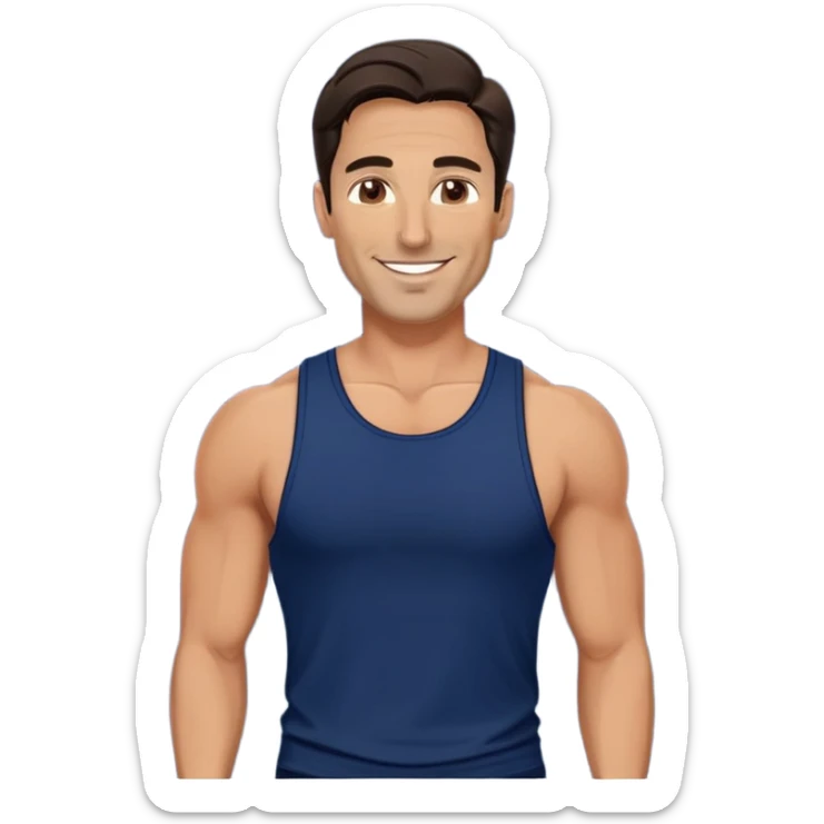 Fit 40-year-old man with tanned skin, long face, chiseled jawline. Attractive features with dark eyes, well-defined arched eyebrows, straight nose. Confident smile. Medium-length wavy dark hair styled in contemporary fashion. Wearing a dark blue tank top. sticker