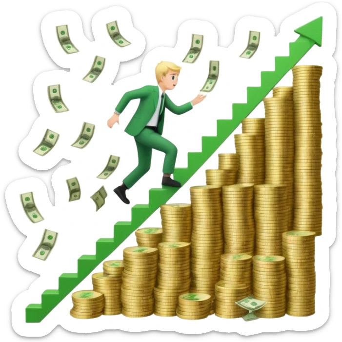 Emoji-style 3D illustration of a person climbing stairs made of money labeled “$10K” and “$20K”, with confetti and upward green arrows, bright optimistic lighting sticker