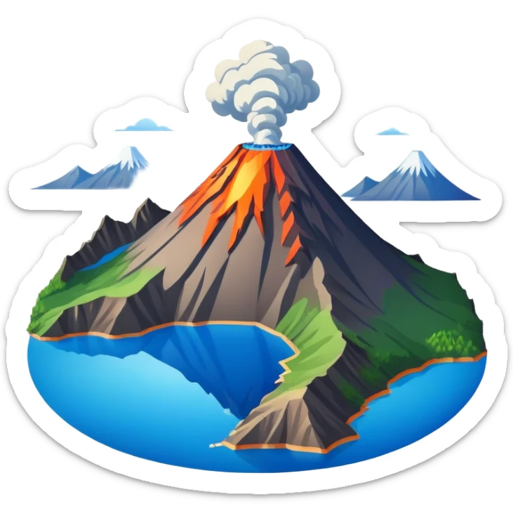 Changbai Mountain with crater lake Jilin, simplified emoji style with bold outlines and bright colors, cartoon style volcano with blue lake inside sticker