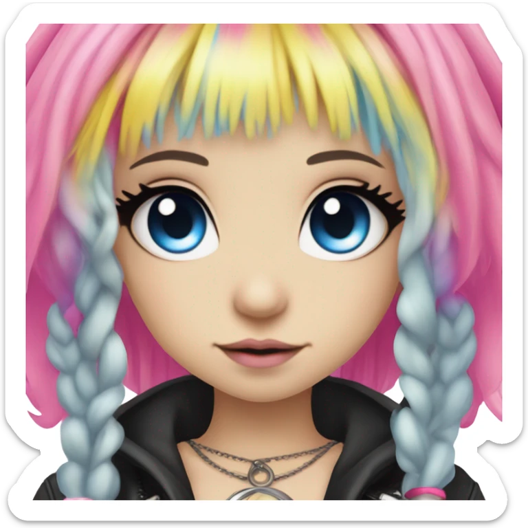 Blue eyed long eye lashes pout blonde and pink hair pale hime gyaru girl, hot pink and yellow split-dyed hair, nose ring, elf ears, dark makeup, punk clothes sticker