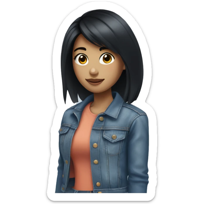 girl with medium black hair and blue streak, wearing a denim jacket sticker