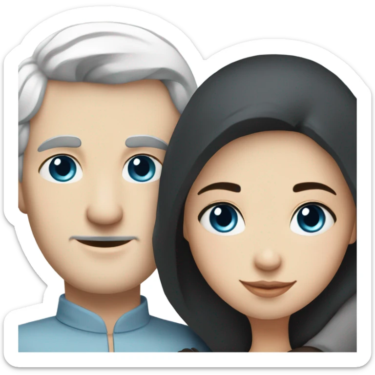 A Russian man with white skin with brown eyes and black hair hugs a Russian woman with white skin with blue eyes and white hair sticker