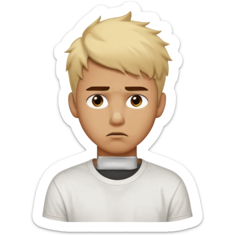 caramel skin color. Teen age. Short buzz, messy blonde hair, dark brown bushy eyebrows large expressive golden-brown eyes, brown skin color, scar over nose, wearing a plain white t-shirt. 20 year old male. Disappointed thinking facial expression. caramel skin color.  sticker