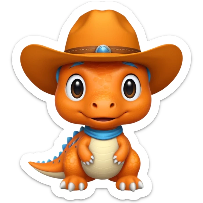 A emoji of a small dino plushie that's orange with a cowboy hat sticker