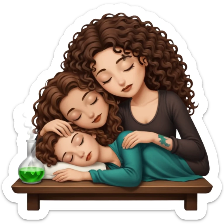 potion lab nap — long wavy brown hair tattooed woman and short tight curly brown hair woman — asleep at alchemy table sticker