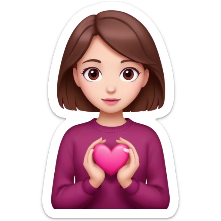 A girl with brown hair smiles, gray eyes, wearing a burgundy sweater, holding a pink heart in her hands  sticker