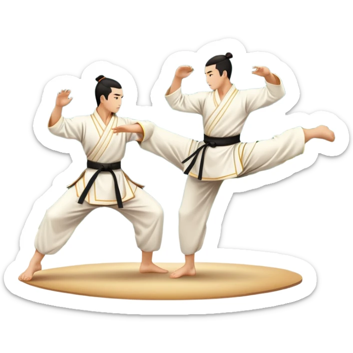 Two martial artists in traditional Wushu attire, performing elegant, fluid moves. The background shows a peaceful, scenic landscape with mountains and bamboo trees, symbolizing the balance of power and grace in Wushu.  sticker