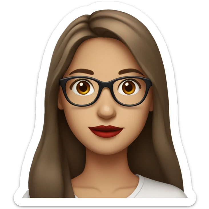23 years old girl with long brown hair, glasses with thin frame, and red lipstick  sticker