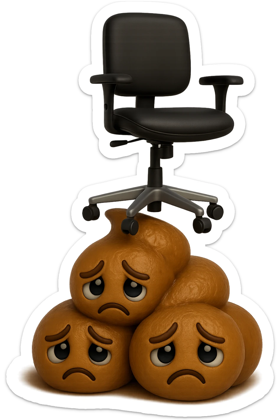 emoji stile iphone di una montagnetta di feci umane realistiche a palline tristi con sopra un simbolo di una sedia da ufficio, iperrealistico 4k sticker