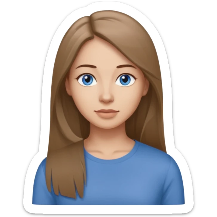 a woman, 30 years old, light skin with medium brown straight hair, long hair. blue eyes. No eyeglasses. Grey top. sticker