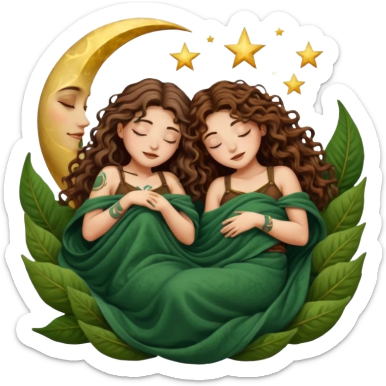 two forest alchemist women — one with long wavy brown hair and tattoos, one with short tight curly brown hair — sleeping back to back under leaf blanket crescent moon above sticker