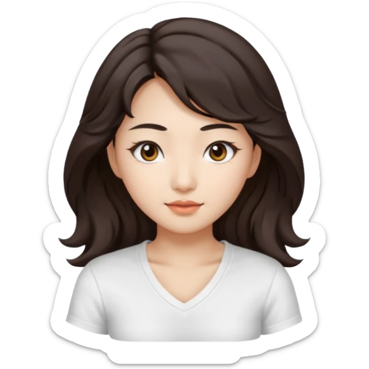 iOS style emoji. A girl with very long dark brown wavy hair. And the eyes color is dark brown. And she is wearing white t shirt with V kneck. And she is 30. She is Asian with double eyelids  sticker