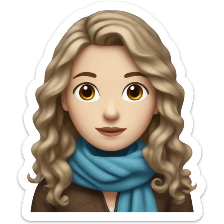 White girl with dark blonde wavy hair, a brown and brown scarf in winter. She has blue eyes. sticker