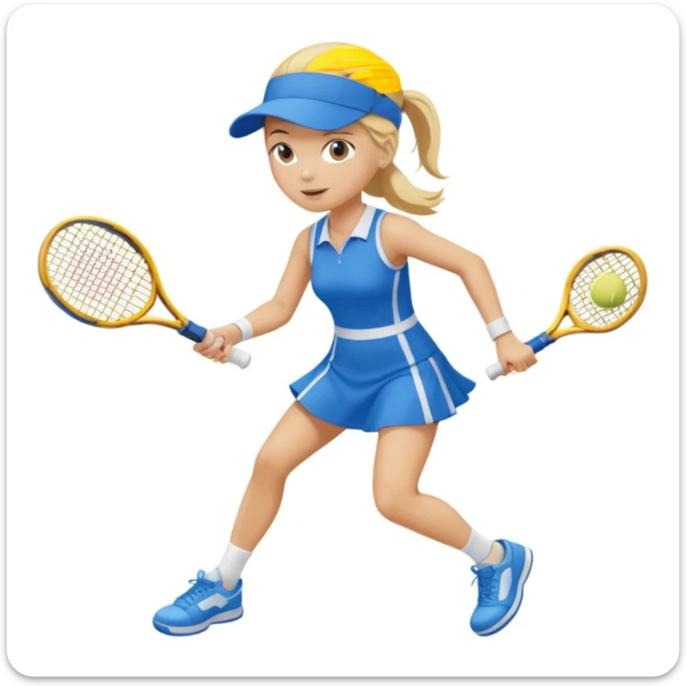 white young girl playing tennis, blue dress, white shoes, blue visor, white socks, blonde hair, two tennis rackets, tennis ball sticker