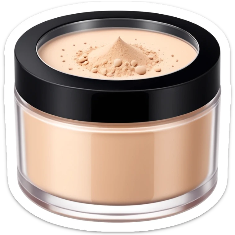 Create an emoji of Huda Beauty loose powder in its round, flat jar, short and wide, frosted or matte plastic, black screw-on lid, minimal luxe makeup packaging, clean glam aesthetic. sticker