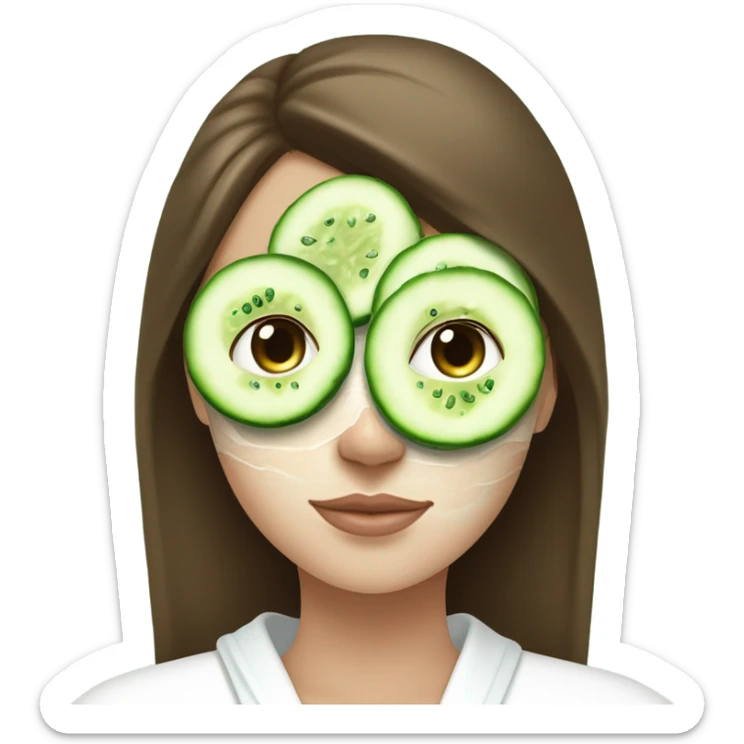 Girl with freackles Brown hair white skin and blue eyes wears Green skin care mask while She relaxes and two round piece cucumber on her closed eyes In a white Robe sticker