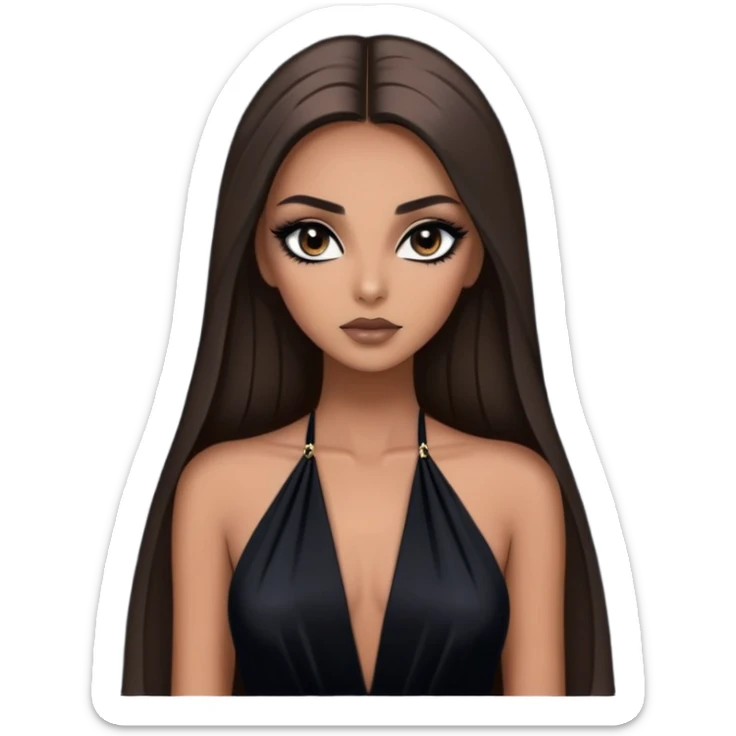 A dramatic half-body portrait of a woman with long straight hair and smoky eye makeup. She’s wearing a glamorous, dark evening gown and has a mysterious, captivating gaze, with a dark, moody background sticker