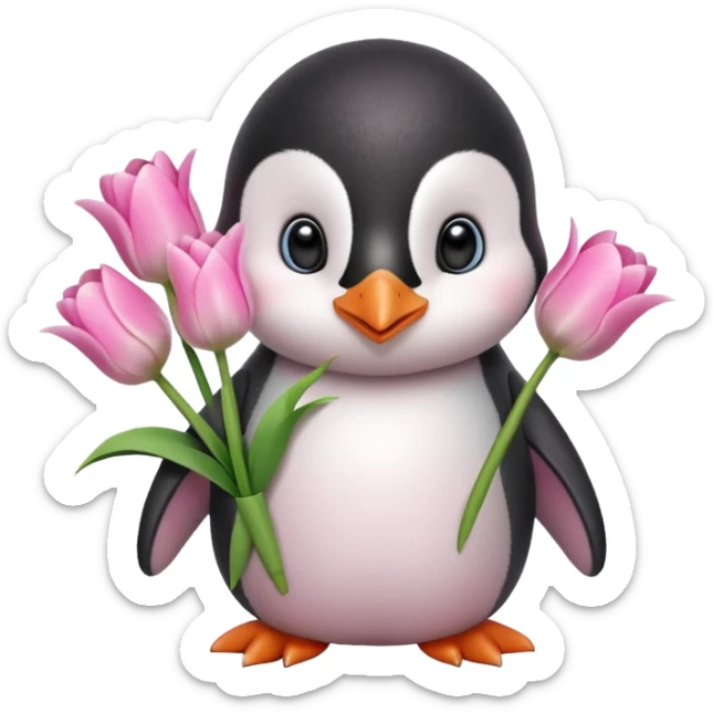 Cute baby penguin holding flower bouquet wraped in white paper and all flowers tulips in pink colour sticker
