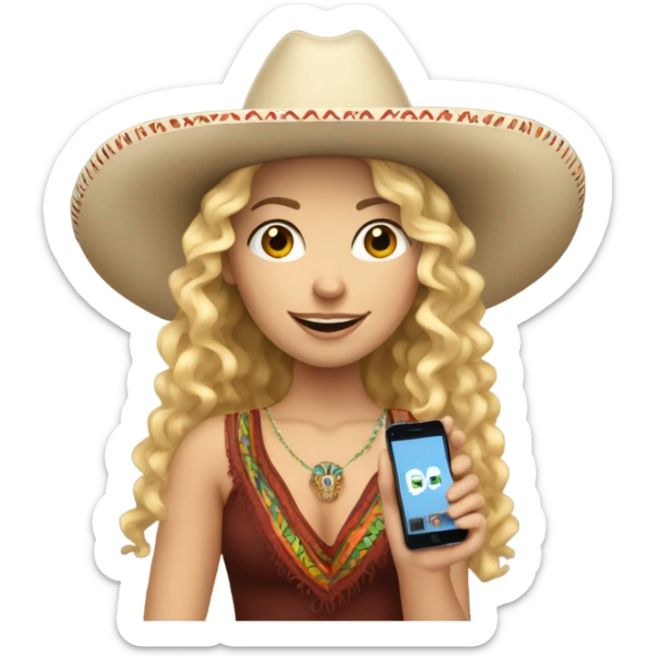 white curly haired blonde girl in a mexican hat holding her phone sticker