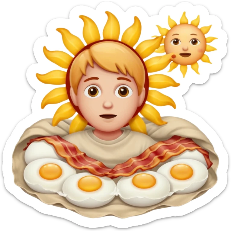 A sun made out of eggs and bacon in the background of someone waking up  sticker