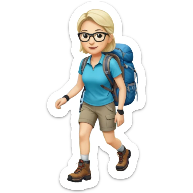 Woman in her 40s with glasses wearing sporty outfit, hiking boots, and backpack looking happy and curious sticker