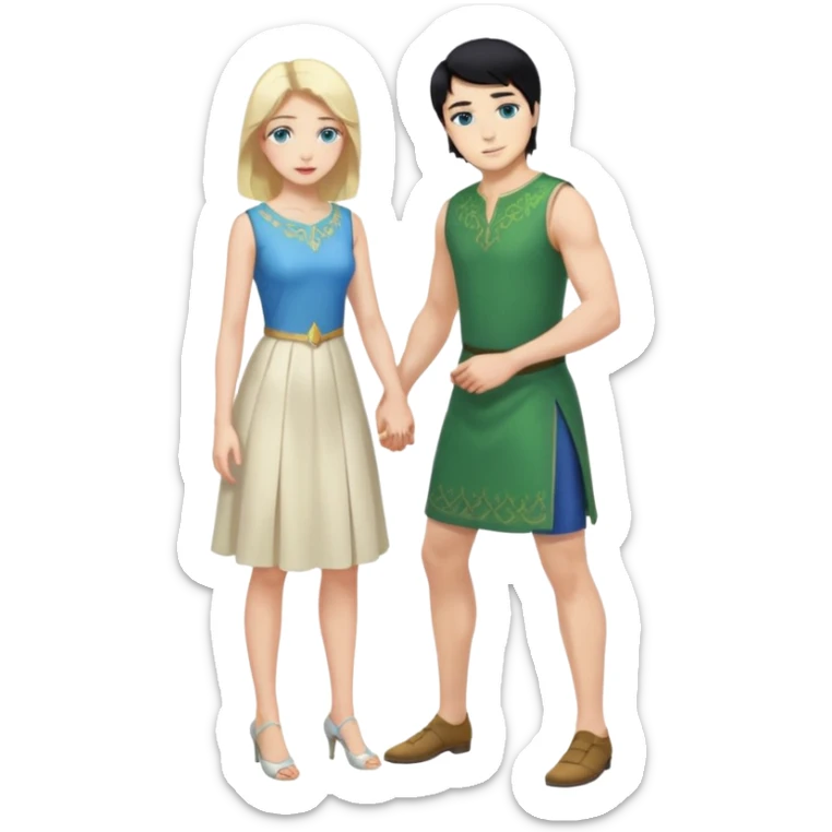 2 Person, King, upright, black Hair, blue eyes, whole body, Woman, blonde Hair, Green eyes, bending knee, sleveless White Dress, sticker