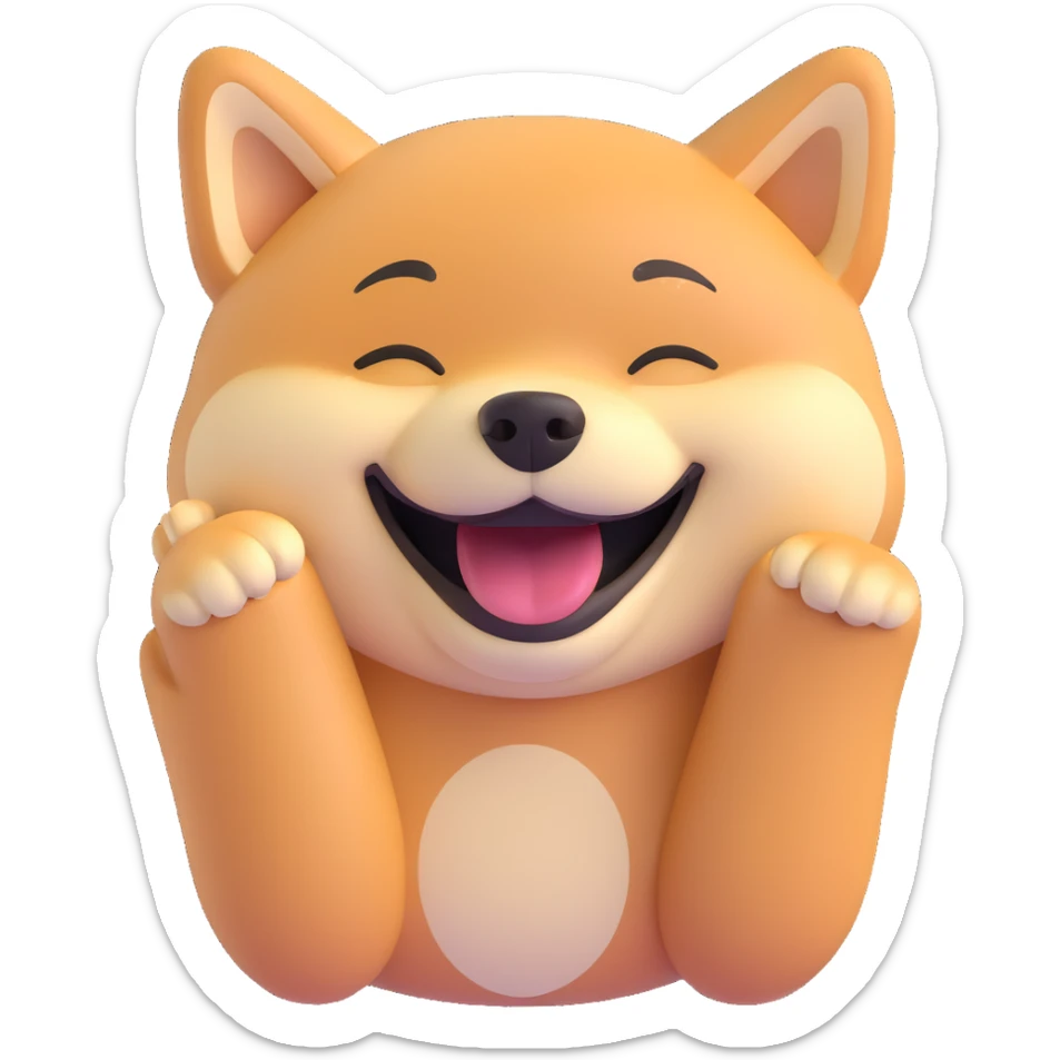 a shiba inu with a big smile, eyes closed, laughing, cartoon style sticker
