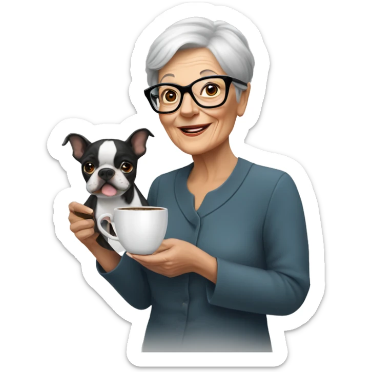 Older lady with silver short hair and big glasses holding a cup of coffee with a Boston terrier sticker