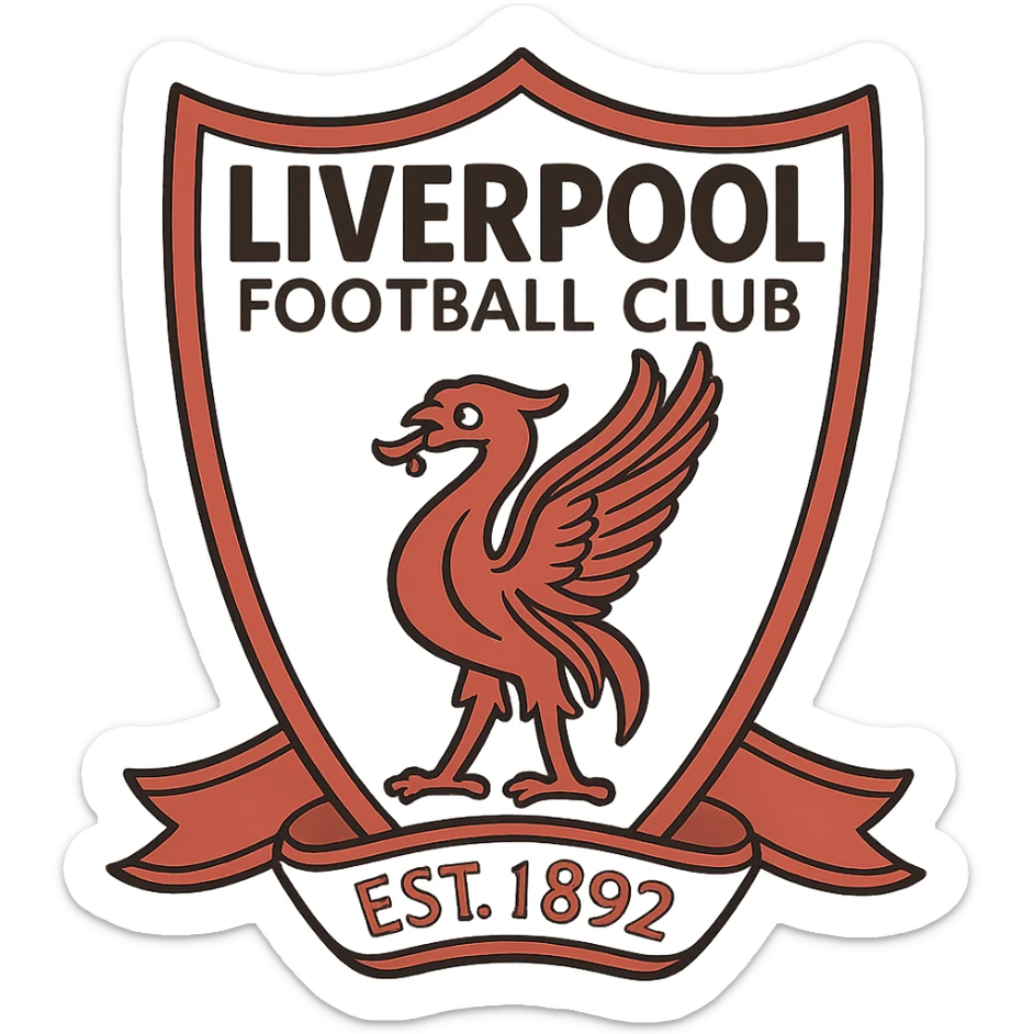 Liverpool Football Club logo, classic crest, red and white, iconic liver bird, football badge style sticker