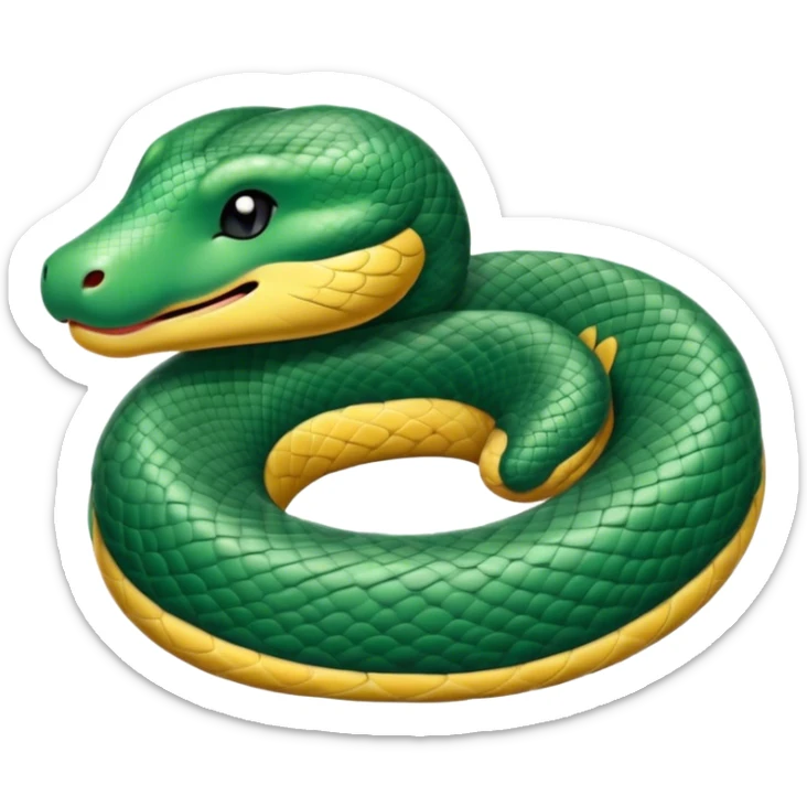 Meme-Worthy cute Sleeping Anaconda Portrait Emoji, Body coiled in a relaxed, peaceful slumber with a contented expression and softly closed eyes, showcasing intricately patterned scales and a serene demeanor, Simplified yet hilariously adorable features, highly detailed, glowing with a soft, drowsy jungle light, high shine, relaxed and utterly lovable, stylized with an air of playful laziness, bright and heartwarming, soft glowing outline, capturing the essence of a sleeping serpent that feels destined to become the next viral sensation of adorable rest! sticker