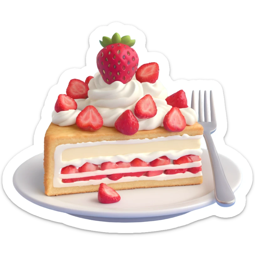 A slice of strawberry shortcake with strawberries and cream on a plate, with a fork, in 3D iOS emoji style, soft gradients, glossy finish, no background. sticker