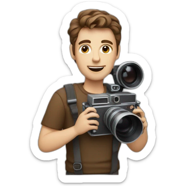 European film director with brown piled short hair holding a cinema camera sticker