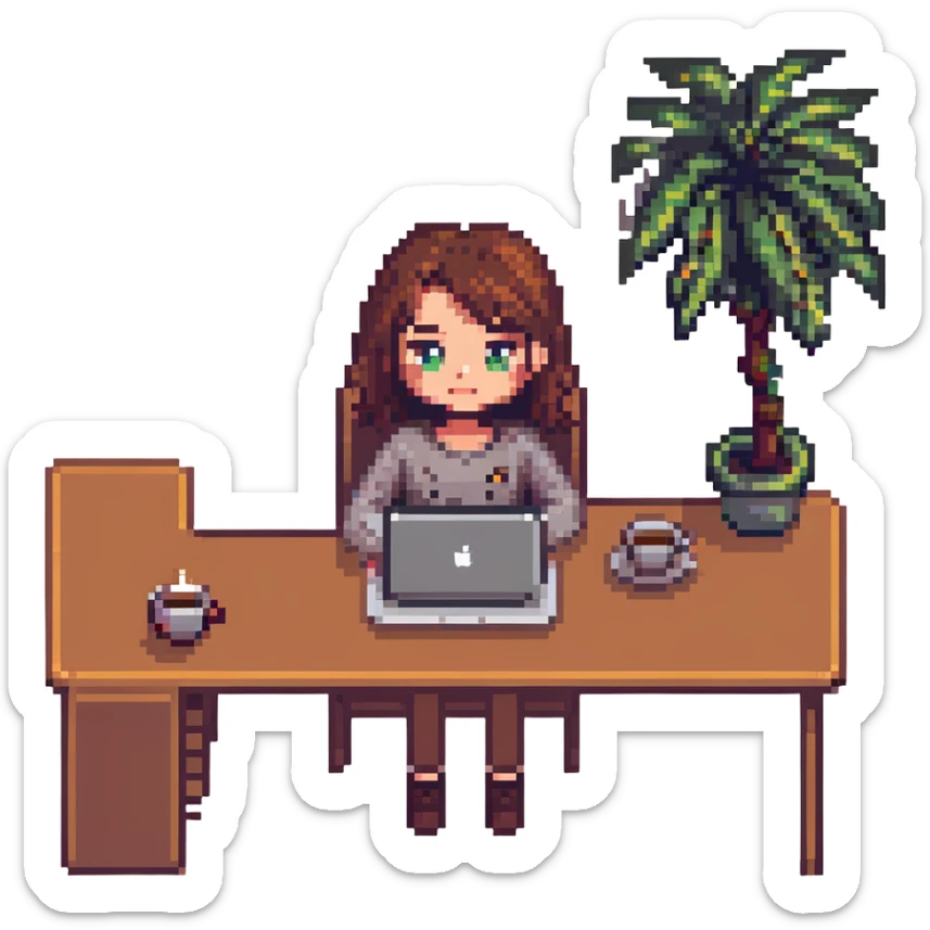 girl at desk with MacBook, coffee cup nearby, cozy atmosphere, pixel art style sticker